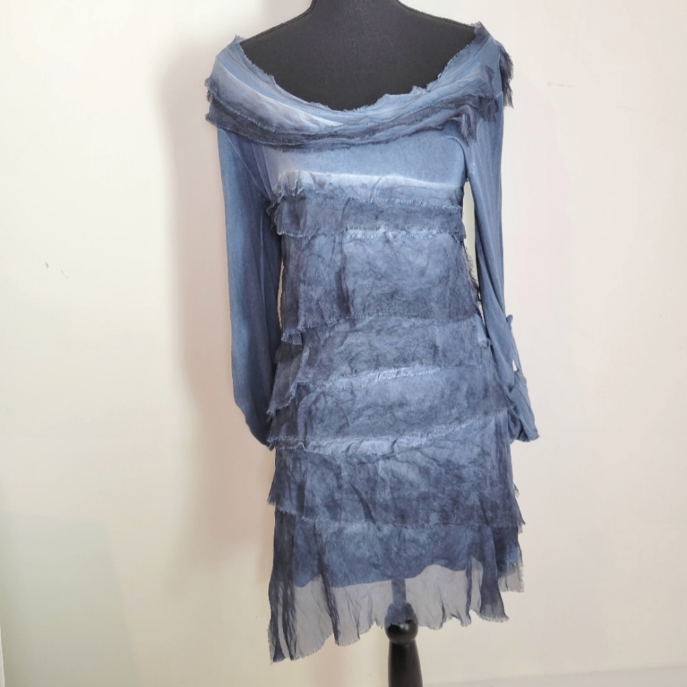 Dance In Paris Dress Womens Small S Silk Viscose Ruffled Roll Tab Sleeves Italy